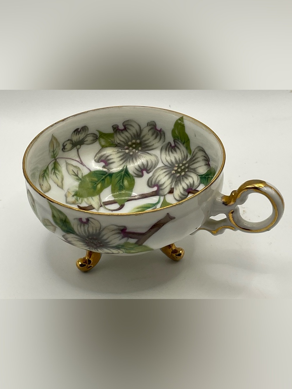 Vintage Ucagco China Made Japan Porcelain Footed Cup Dogwood Blossom Gold Accent